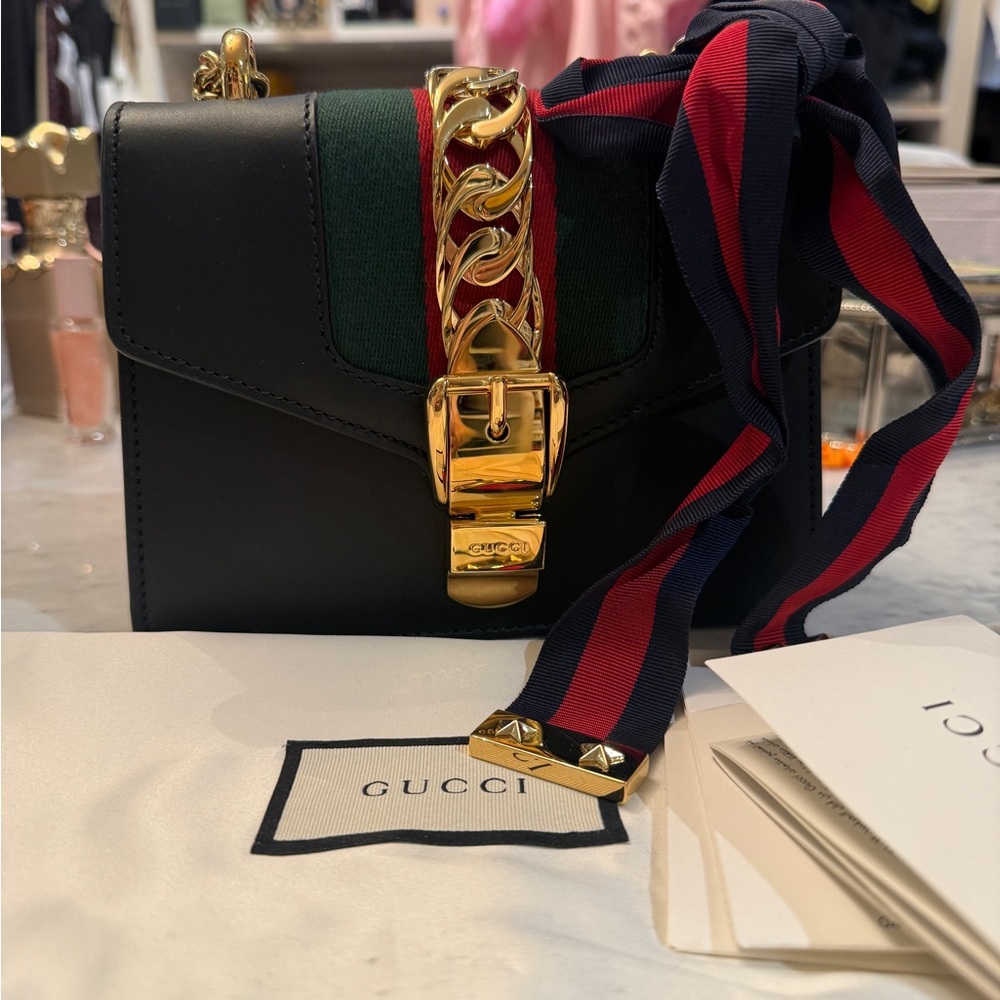 Gucci Black and Green Crossbody Bag with Gold Chain
